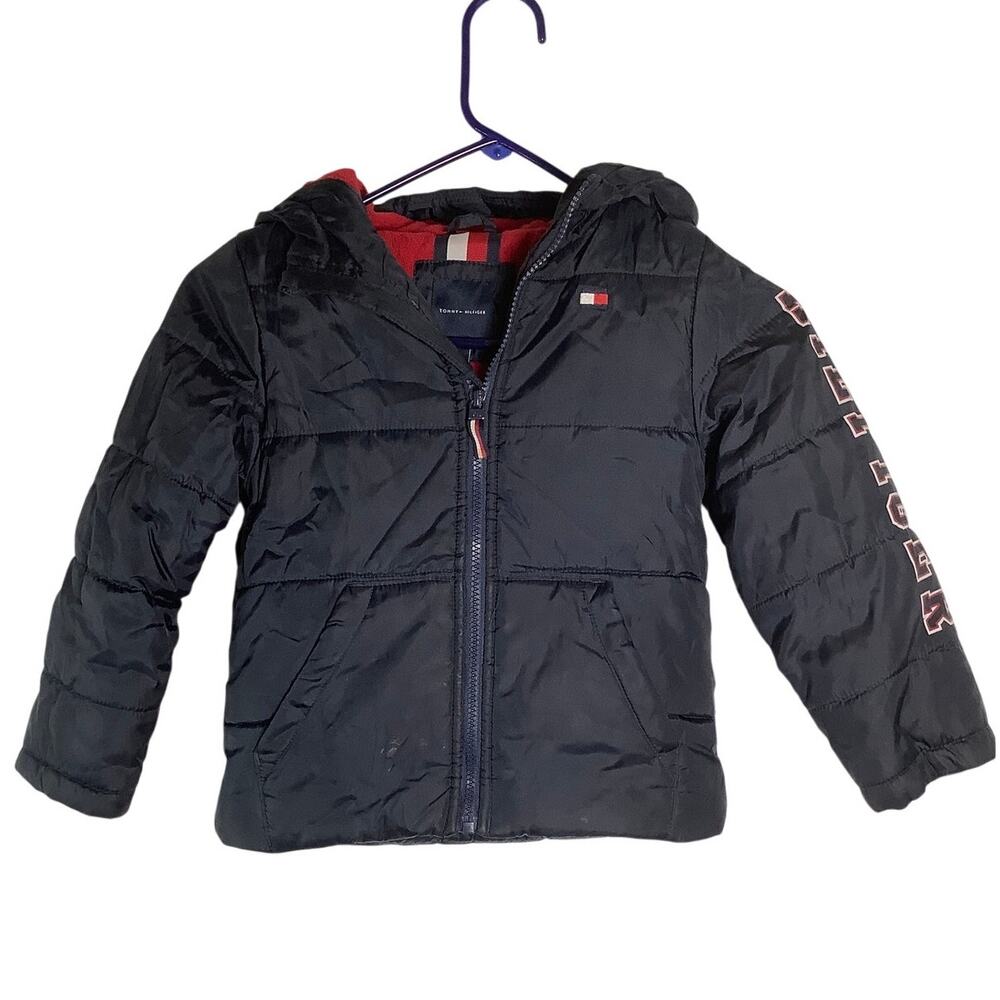 Tommy Hilfiger Boys 4 Black Red Logo Sleeve Hooded Puffer Jacket Winter HR13-10